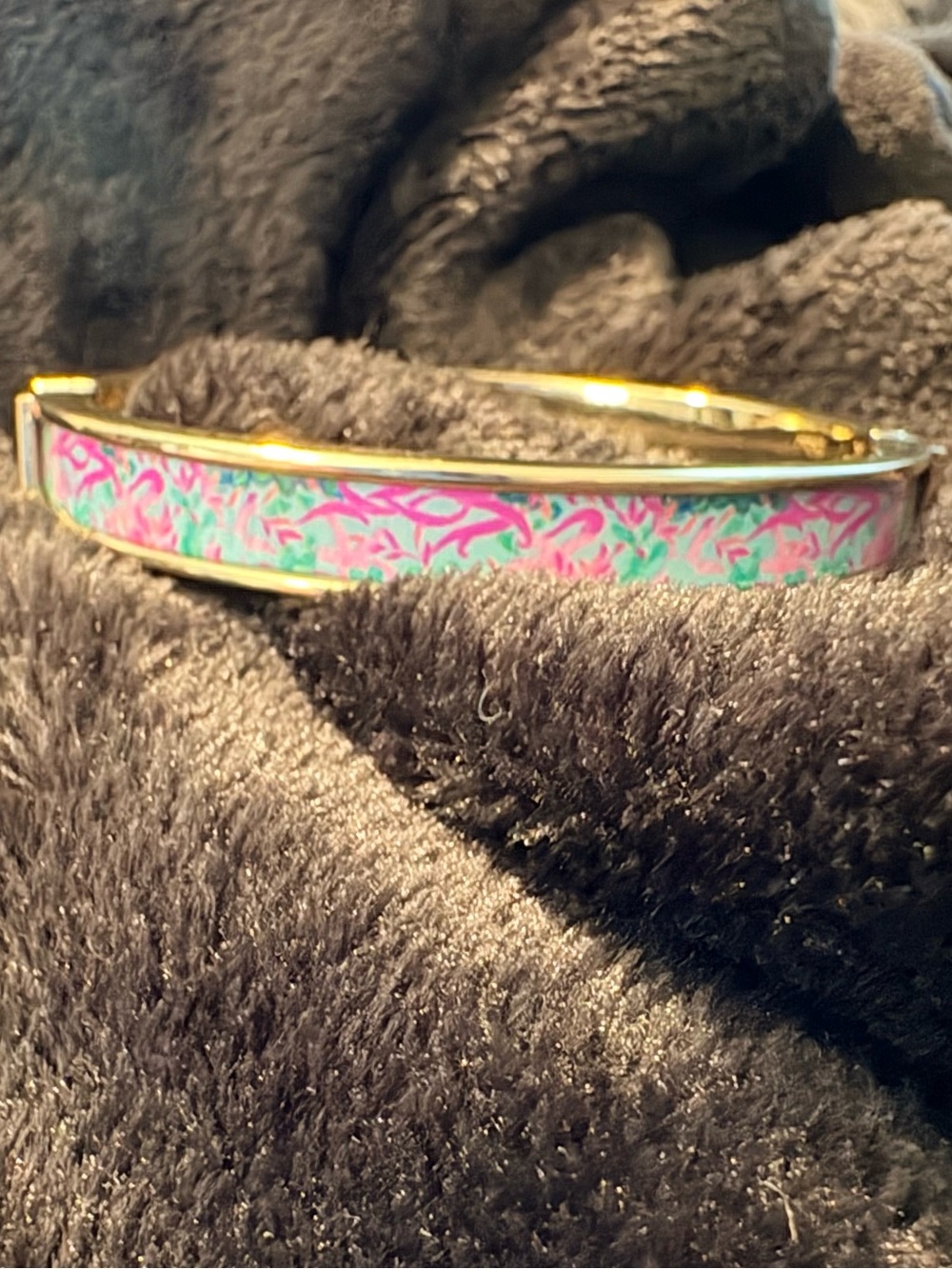 Lilly Pulitzer Bangle Bracelet Gold Tone Pink, Teal & Purple Floral Preppy
